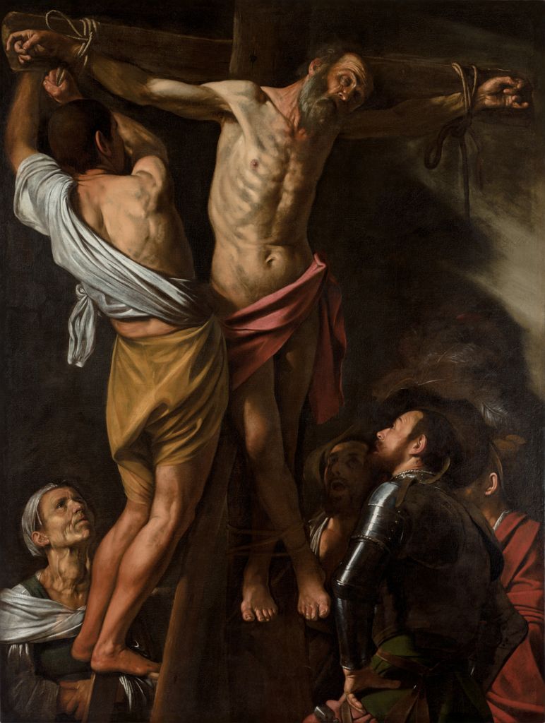 Caravaggio, The Crucifixion of Saint Andrew: the saint bound to an upright cross as a man pulls at the rope on his wrist and onlookers gather below